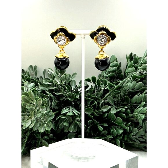 Gold and Black Enamel Flower Earrings With Crystal Accents and Black Beads - Picture 3 of 8